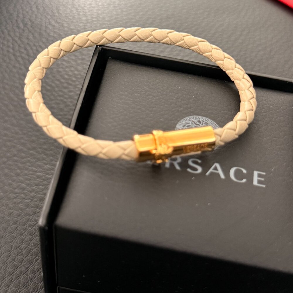 Versace Leather and Brass Medusa Head Cuff Bracelet, size Medium or Large - Picture 3 of 14